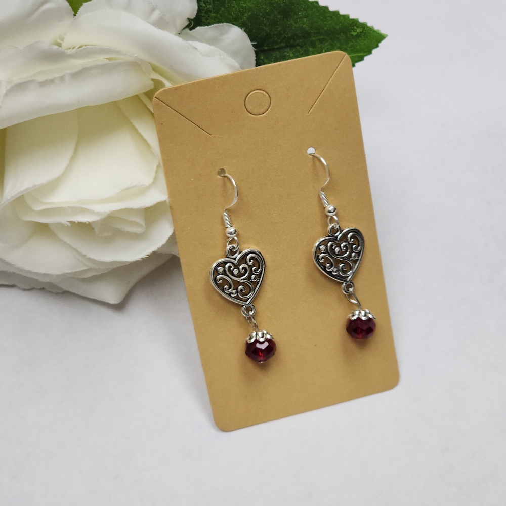 8. Hand Crafted Elegant Heart Earrings with Red Glass Accent Beads